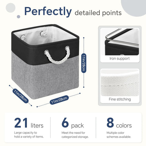 Six Pack 11 Inch Fabric Cube Storage Bins With Handles For Shelves And Desks Black And Gray Linen Textured Exterior Easy Clean EVA Lining Display With Dimensions And Features