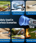 Cordless Handheld Car Dryer And Air Blower, Lightweight Yet Powerful, 21V 10Ah Battery in use for blowing leaves, snow, and dust.