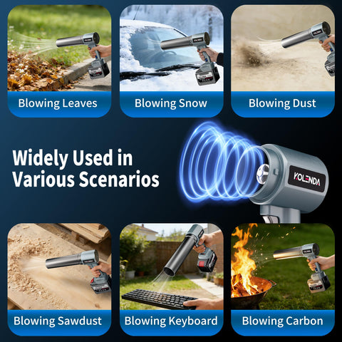Cordless Handheld Car Dryer And Air Blower, Lightweight Yet Powerful, 21V 10Ah Battery in use for blowing leaves, snow, and dust.