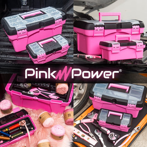 Pink Tool Box Set For Women, Large 16.5 inch and Small 10 inch plastic boxes, locking lids, handles, for sewing and art supplies