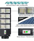 Ultra Bright 500W Solar Street Light Outdoor With 35000 Lumens LED showing LED array, solar panel, motion sensor features