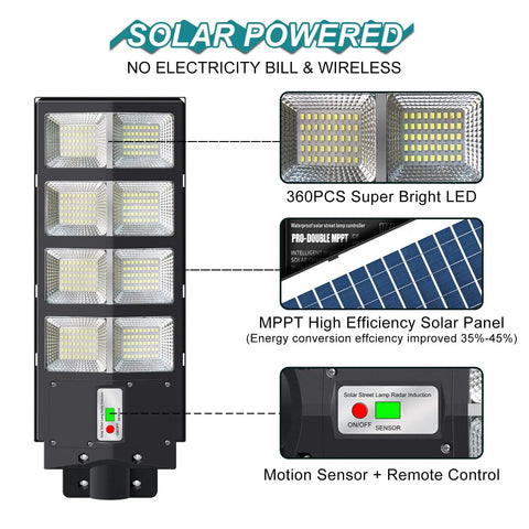 Ultra Bright 500W Solar Street Light Outdoor With 35000 Lumens LED showing LED array, solar panel, motion sensor features