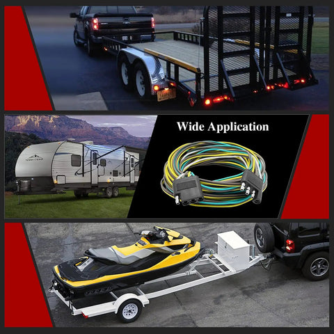 Heavy Duty 25 Foot 4 Pin Flat Trailer Wire Extension Kit With 18 AWG Color Coded Wishbone Harness For RV Camper Setup showing RV, trailer, and jet ski.