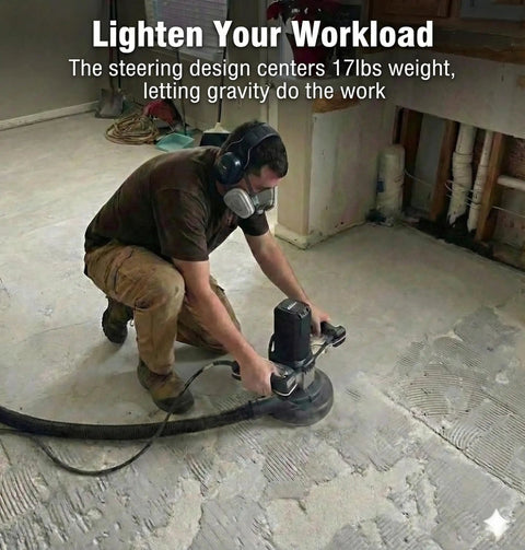 Worker using 7 Inch Concrete Grinder With Low Vibration Handle, 2000W High Torque Motor, 6 Speed Controller on concrete floor