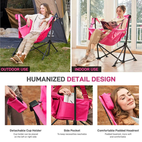 Padded Oversized Hammock Camping Chair With Multi Storage Pockets, Portable Foldable Rocking Swing Chair, Pink, indoor and outdoor use
