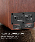 Back view of Powered Bluetooth Bookshelf Speakers with 40W output, 2.75-inch woofer, showing multiple input ports and connections.