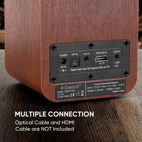 Back view of Powered Bluetooth Bookshelf Speakers with 40W output, 2.75-inch woofer, showing multiple input ports and connections.