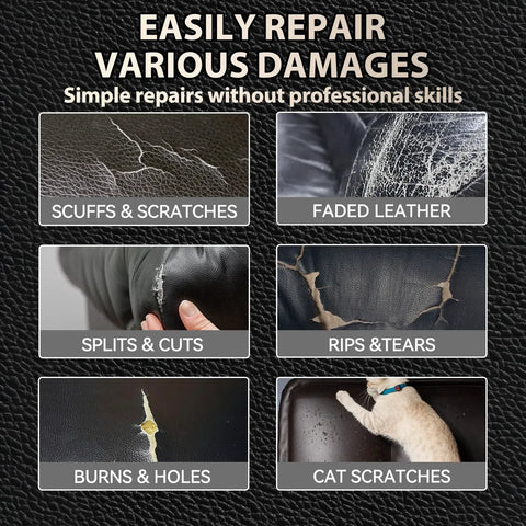 Damaged leather examples: scuffs, scratches, faded areas, splits, rips, burns, and cat scratches with text for repair kit.