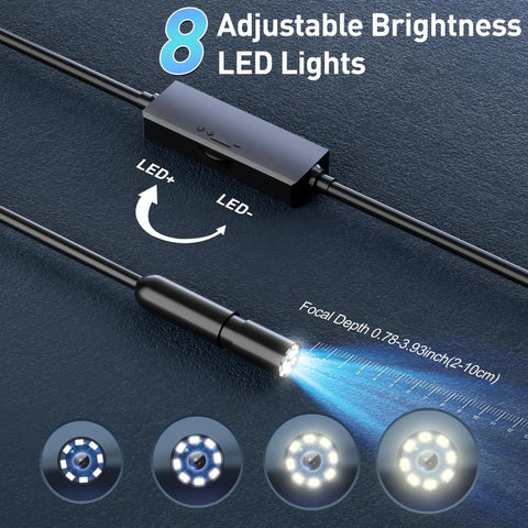 Dope Endoscope Camera With Light For Pipe Inspection, 16.4Ft Semi-Rigid Snake Borescope showing 8 adjustable LED lights