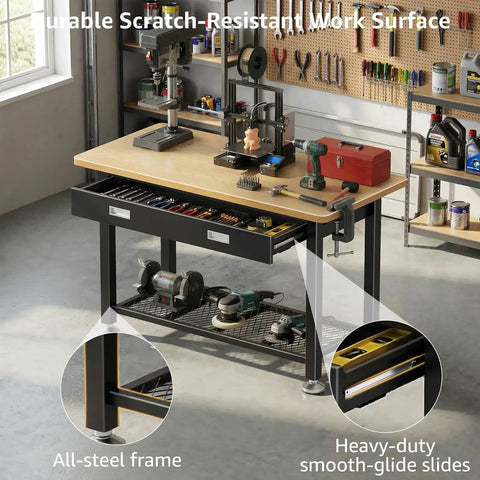 Beast Heavy Duty Work Bench With Drawer And Storage For Garage And Shop, 2000 lbs steel frame, tools visible on top