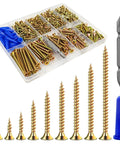 No Sweat 385 Piece Flat Head Wood And Self Tapping Metal Screw Set With Yellow Zinc Galvanized Coating And Drywall Plastic Anchors visible in a clear organizer.