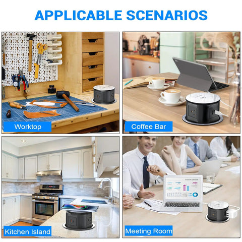 Pop Up Countertop Power Outlet With 20W USB C Fast Charge used in worktop, coffee bar, kitchen island, meeting room.