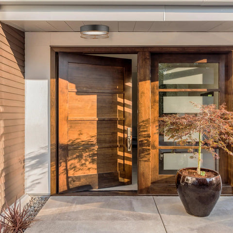 Entrance with modern rustic design showing one light integrated LED flush mount ceiling light for indoor and outdoor use