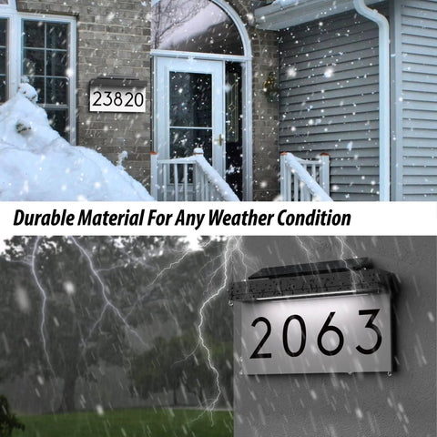 Solar Powered LED Address Sign With Three Color Lighting Personalized House Number Plaque For Outdoor Use Adjustable Solar Panel Waterproof Outdoor Address Sign With Easy Night Visibility in snowy and stormy conditions.