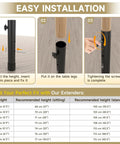 Adjustable Folding Table Leg Risers Four Pack Metal Height Extenders for Straight And Bent Legs installation guide with height settings.