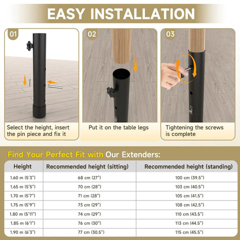 Adjustable Folding Table Leg Risers Four Pack Metal Height Extenders for Straight And Bent Legs installation guide with height settings.