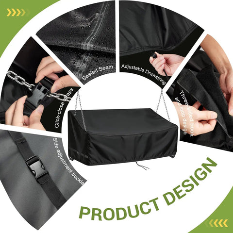 Heavy Duty Waterproof Porch Swing Cover For Two Person Outdoor Swing Bench Fits 52 Inch Long 28 Inch Wide With 18 Or 25 Inch Height All Weather Patio Furniture Protector From Rain Sun Dirt And Scratches - design features with clips, sealed seams, and adjustable drawstring.