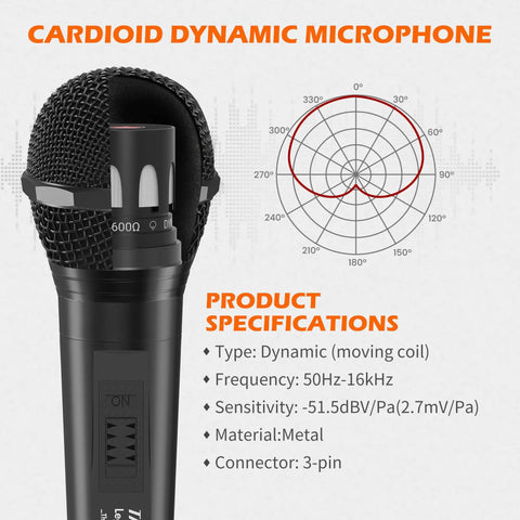 Wired Dynamic Microphone For Singing With On Off Switch, Cardioid Studio Mic, product specifications, black metal body