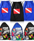 Six Pack Mesh Gear Bags for Snorkel Gear and Swim Equipment Oversized 18 by 26 Inches Nylon Drawstring Duffle Bags displayed