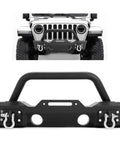 Installed ECOTRIC stubby front bumper for Jeep Wrangler JK/JL/Gladiator JT, black powder-coated steel with two D-rings