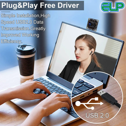Low Light USB Camera With Built In Microphone, 2MP 1080P HD Web Cam, Sony IMX322 Sensor on laptop, USB connection shown