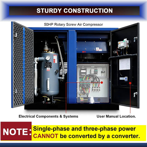 50HP Industrial Rotary Screw Air Compressor, 220 CFM At 125 PSI, 460V 3-Phase, Fixed Speed Heavy Duty Unit For Manufacturing Plants And Workshops Providing Reliable Continuous Duty Performance