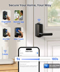 Secure Your Front Door Today With This Plug And Play Wifi Smart Lever Deadbolt That Needs Absolutely No Hub And Delivers Blazing Fast Fingerprint Entry Alongside Full Remote App Control Matte Black, displaying features and app settings.
