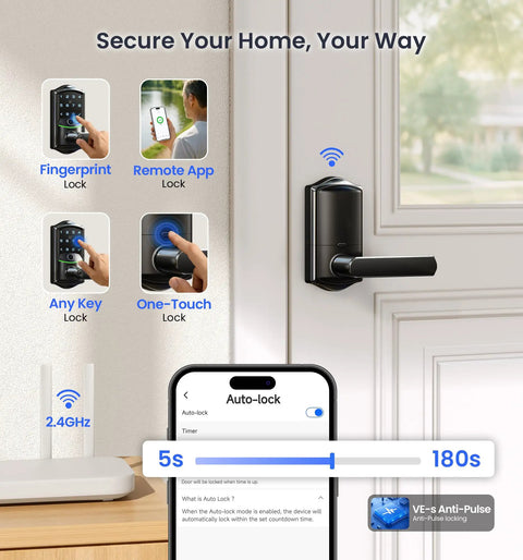 Secure Your Front Door Today With This Plug And Play Wifi Smart Lever Deadbolt That Needs Absolutely No Hub And Delivers Blazing Fast Fingerprint Entry Alongside Full Remote App Control Matte Black, displaying features and app settings.