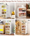 Four Tier Stackable Plastic Storage Bins with Lids in bedroom, living room, and kid room settings, ideal for organization and storage.