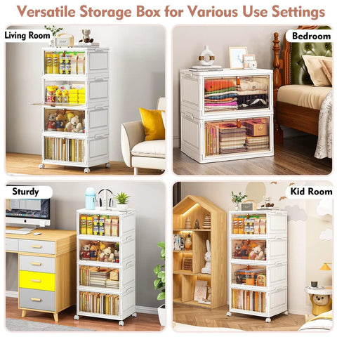 Four Tier Stackable Plastic Storage Bins with Lids in bedroom, living room, and kid room settings, ideal for organization and storage.