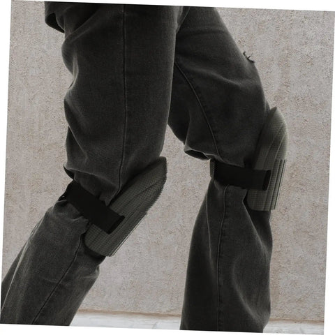 Built Tough Four Pack Black Heavy Duty Knee Pad Inserts For Work Pants Anti Slip Grip visible on gray jeans.
