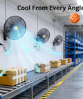 Beastly 20 Inch High Velocity Metal Industrial Oscillating Wall Fan With Three Speed Settings Up To 5300 CFM installed in warehouse