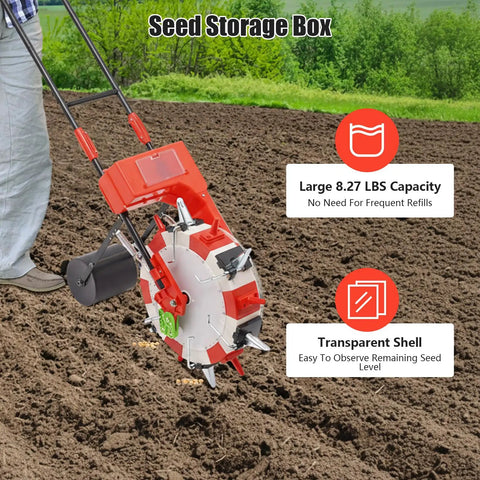 Six Nozzle Hand Push Seeder For DIY Farmers And Garden Pros With Eight Pound Seed Box on soil field