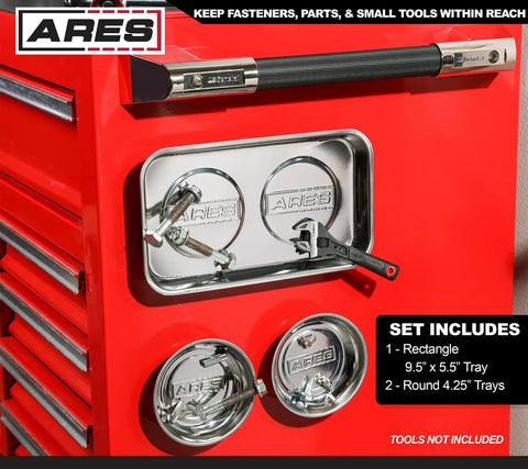 3 Piece Magnetic Tool Tray Set Keeps Screws Sockets Bolts Pins And Tools In One Spot With Ultra Strong Magnets on red toolbox