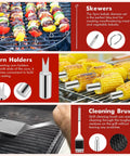 15 Piece Grill Set With Carrying Case Stainless Steel BBQ Tools Kit Includes 5 Skewers, 4 Corn Holders, Cleaning Brush.