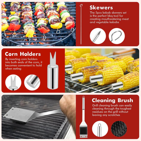 15 Piece Grill Set With Carrying Case Stainless Steel BBQ Tools Kit Includes 5 Skewers, 4 Corn Holders, Cleaning Brush.