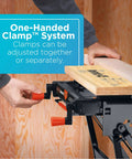 Person adjusting Portable Folding Workbench for DIY and Woodworking With 550 Lb Pro Grade Capacity, Clamps and Vise system