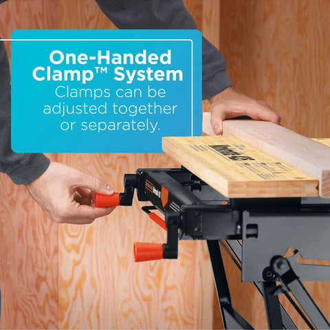 Person adjusting Portable Folding Workbench for DIY and Woodworking With 550 Lb Pro Grade Capacity, Clamps and Vise system