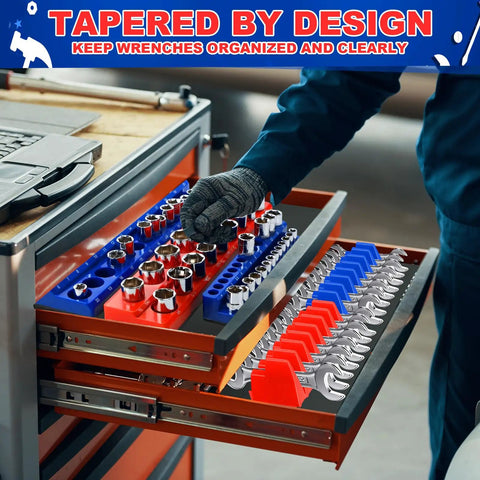 Magnetic Socket And Wrench Organizer Set For Tool Box Drawer with six magnetic racks, holding 20 wrenches and sockets in a drawer.