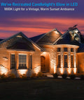 Low Voltage Dimmable Landscape Lights Kit For Outdoor Use, 12V Wall Wash LED Spots, illuminating a house facade at dusk, 1800K