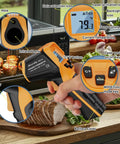 Infrared Thermometer Laser Temp Gun With Calibration, Adjustable Emissivity being used near an oven with meat, yellow design.