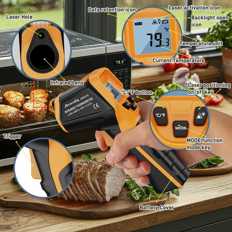 Infrared Thermometer Laser Temp Gun With Calibration, Adjustable Emissivity being used near an oven with meat, yellow design.