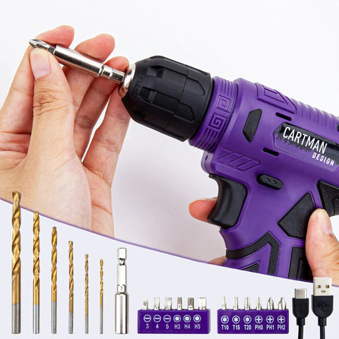 Close-up of 20 Piece Tool Set With 8V Purple Cordless Drill And Home Tool Kit For Quick Fixes Includes 18 Accessories And Type C Cable