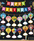 Hot Air Balloon Birthday Bulletin Board Decor Set with colorful balloons, Happy Birthday banner, and monthly signs on black background.