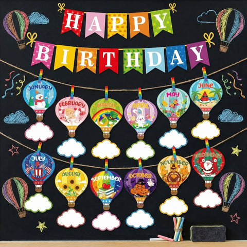 Hot Air Balloon Birthday Bulletin Board Decor Set with colorful balloons, Happy Birthday banner, and monthly signs on black background.