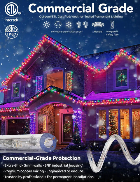 Colorful Outdoor Rope Lights 300 Ft With 3312 LEDs Waterproof ETL Certified 360 Degree Omnidirectional Illumination on house