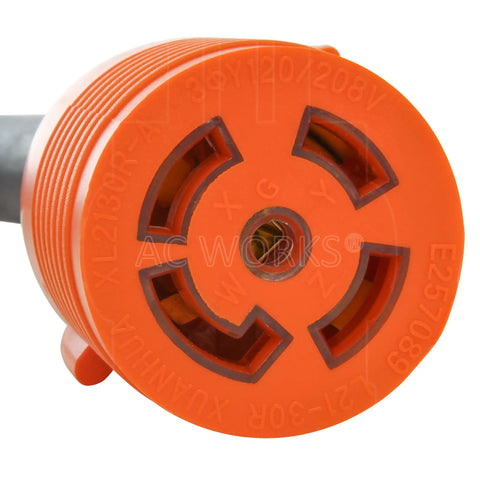 Close-up of NEMA L21-30 locking connector for Heavy Duty Nema L2130 30 Amp Three Phase 120 208V Industrial Rubber Extension Cord 25 Feet.