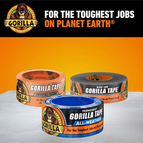 All Weather Duct Tape Black 1.88 Inch By 25 Yard Six Pack Waterproof Tape With UV Resistant Shell For Outdoor Repairs Weatherproof Temperature Resistant Heavy Duty Adhesive For Rain Or Shine Fixes, Gorilla Tape in multiple colors and types displayed.