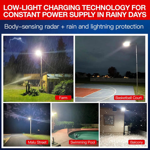 Outdoor Solar Street Light With Motion Sensor And Remote IP67 Waterproof illuminating various settings like farm and basketball court