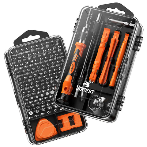 117 In 1 Precision Screwdriver Set With Torx Triwing Bits, clear case showing orange tools and various bits for electronics repair
